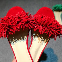 zapatillas mujer red fringe slippers women slides summer leather beach flip flops gladiator sandals flats mules shoes luxury