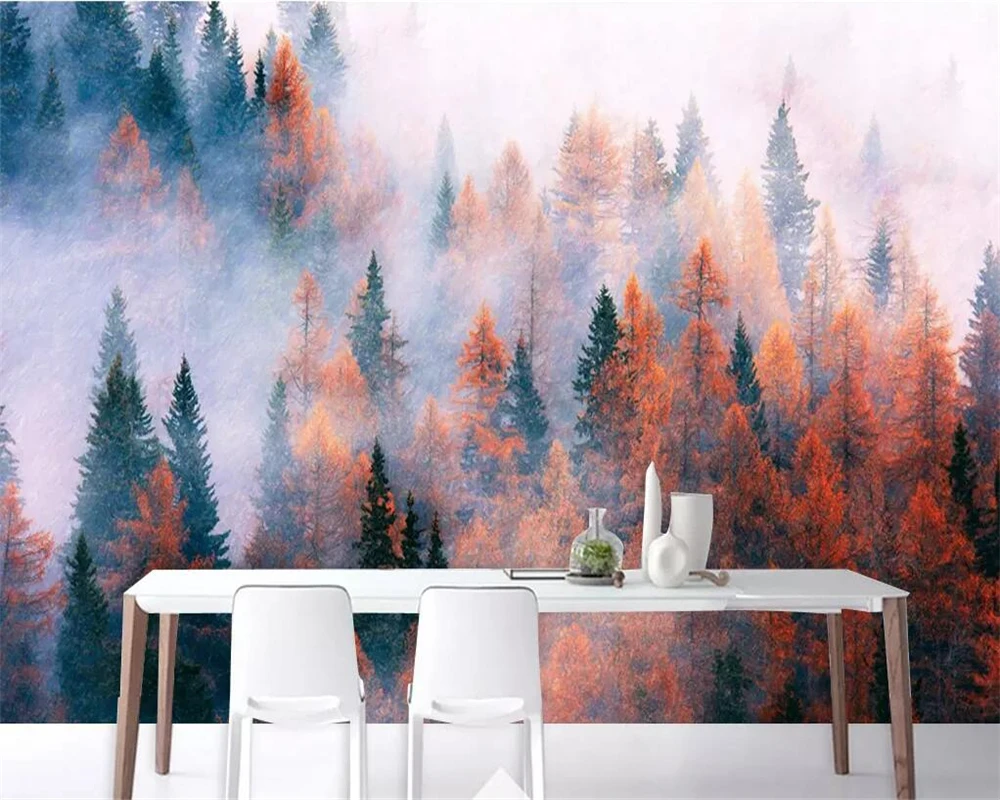 Custom size wallpaper Nordic hand painted forest trees natural landscape mural Misty pine forest mountains murals 3d wallpaper