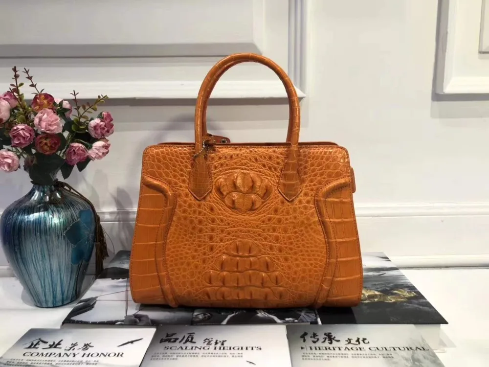 100%  top quality genuine crocodile head skin leather women tote handbag medium size lady top handle daily tote bag green color