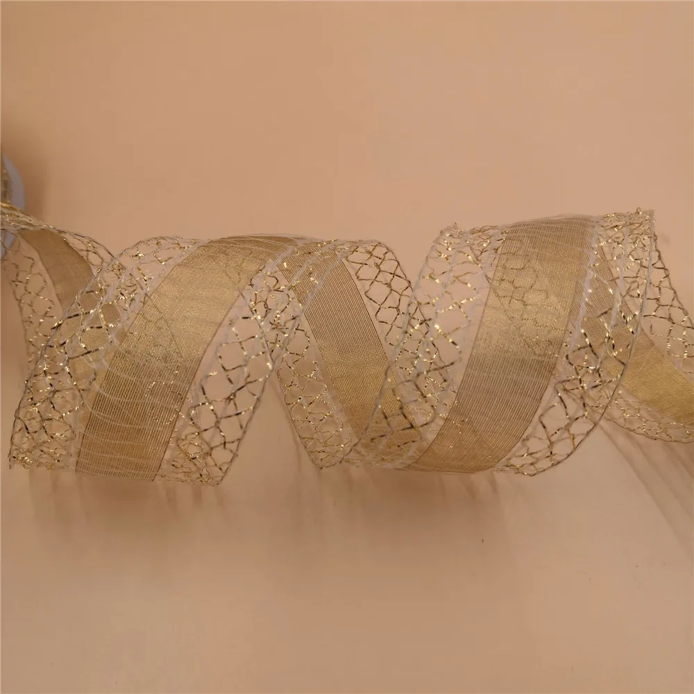 38MM X 25yards Wired Edged Net Gold Metallic Ribbon for Gift Box Wrapping Christmas Decoration N2264