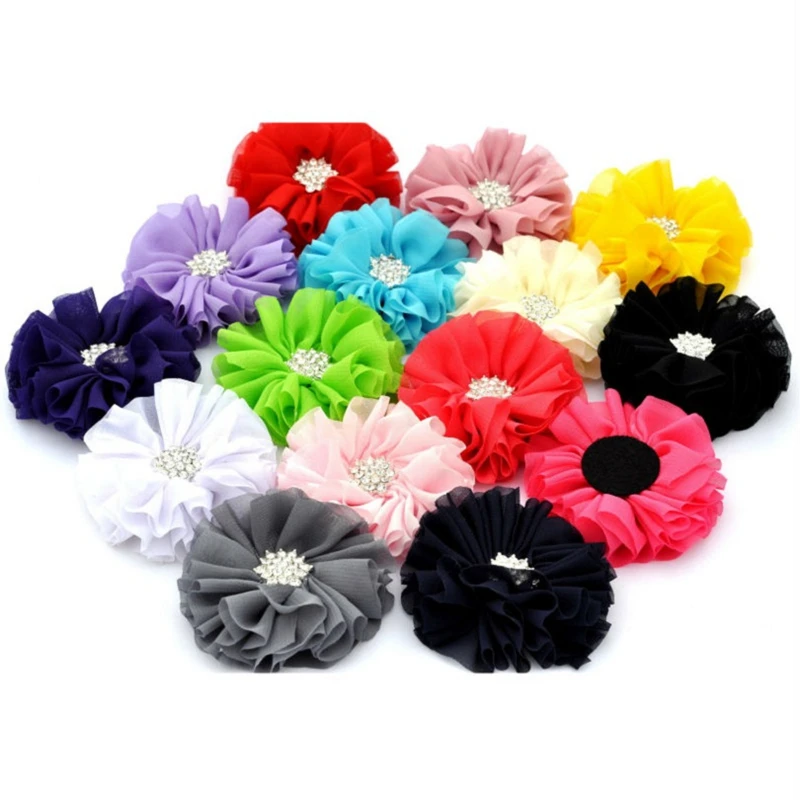 

50pcs/lot 6.5cm 15colors Hair Clip Chic Fluffy Chiffon Flowers With Rhinestone Snow Button Fabric Flowers For Girls Headband DIY