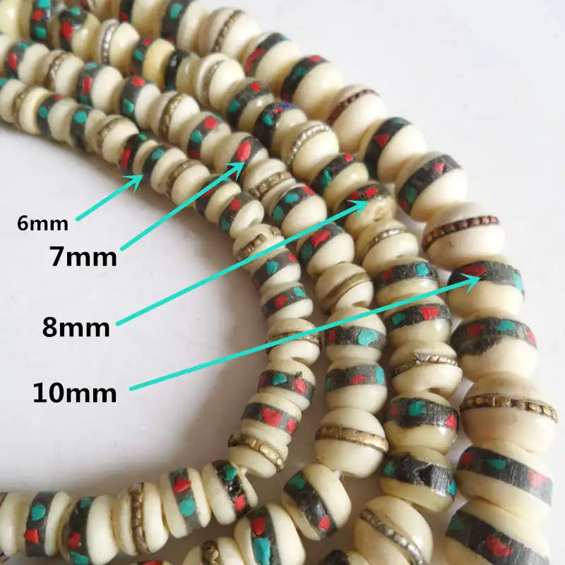 Tibetan Rosary Tibet 108PCS White Yak Bone Meditation Prayer Mala 6/7/8/10mm Bone Inlay Stone Metal Silk BRO574