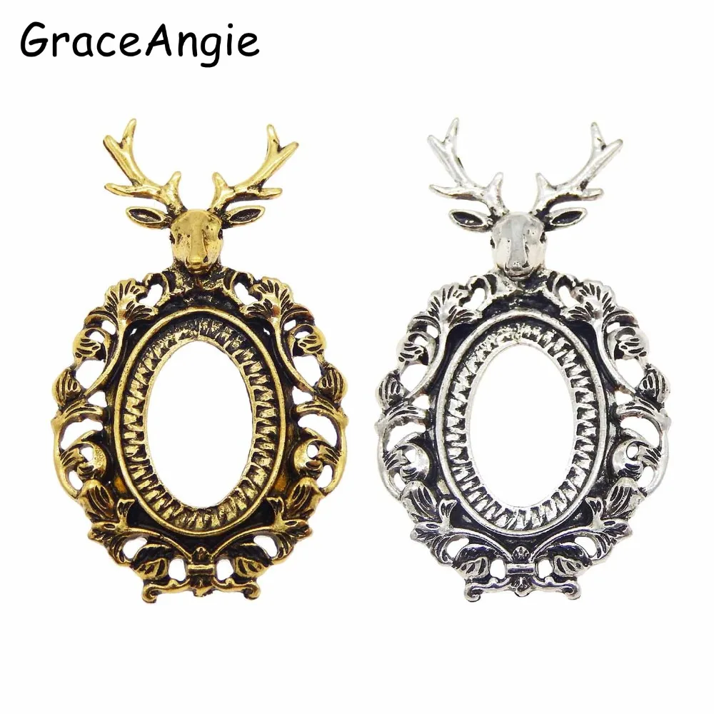 2set Retro Ethnic Elk Setting Blank Tray Pendant with Glass Cover Cabochon Inner 25*18mm Animal Blank Tray Pendant 50*34mm DIY