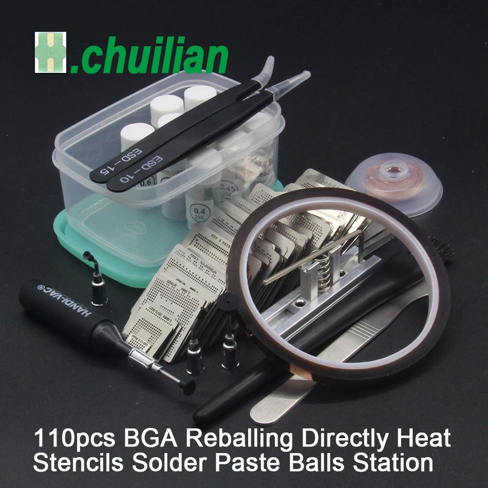 

110pcs BGA Reballing Directly Heat Stencils Solder Paste Balls Station BGA Reballing kit For SMT Rework Repair 10pcs Solder ball