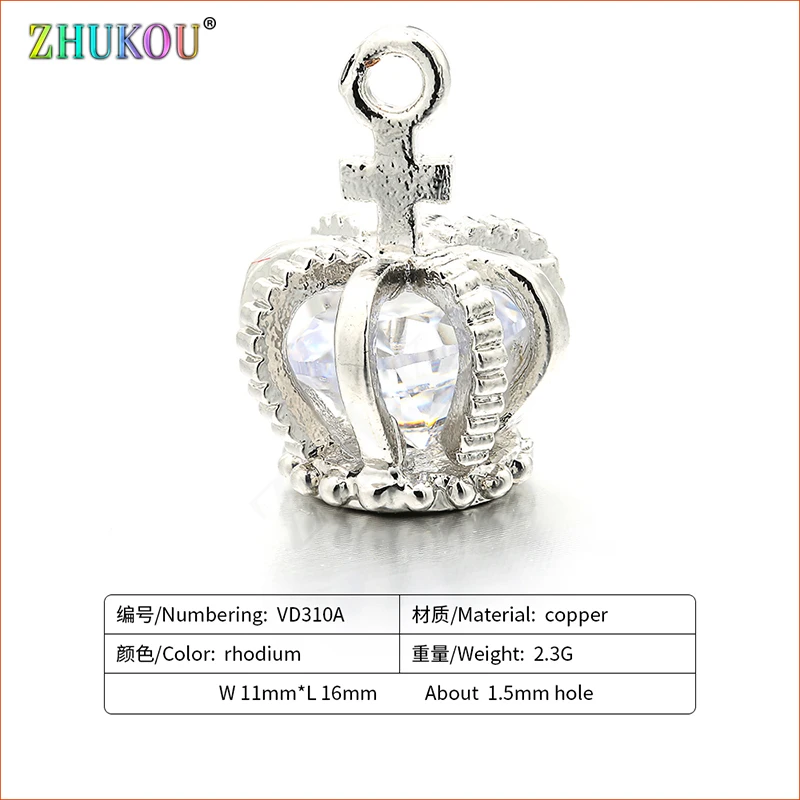 11*16mm Brass Cubic Zirconia CZ Crown Charms Pendants, Mixed Color, Hole: 1.5mm, Model: VD310