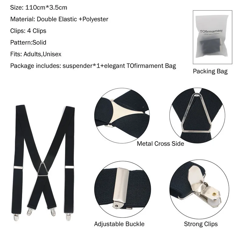 3.5 Width Fashion Men Suspenders Solid Black Double Elastic 4 Clips Adjustable Two-way Metal Cross X Back Women Pants Braces