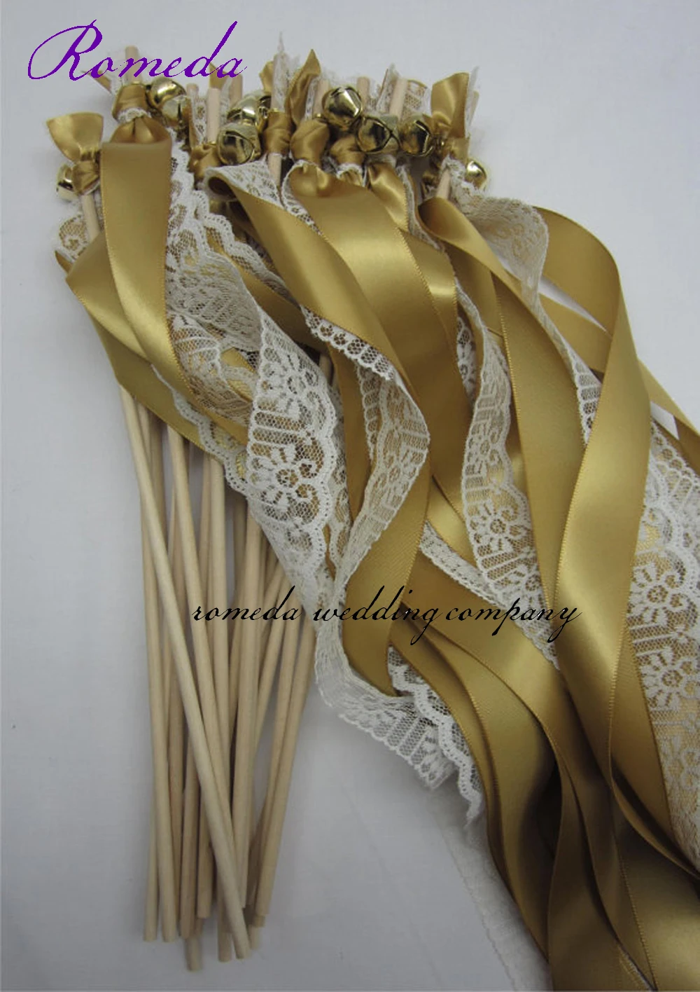 

FREE SHIPPING--(50Pieces/Lot)Style D Gold ribbon lace wedding wands with bell Wedding Ribbon Stick,ribbon Twirling Streamers