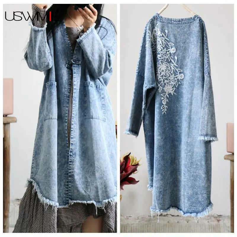 

2020 Denim Trench Coat Embroidery Fashion Single Button V-neck Solid Color Double Pocket Hem Burr Cowboy Coat USWMIE