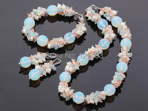 Nice Stunning Pearl Crystal, Opal stone Necklace Bracelet Earrings Set