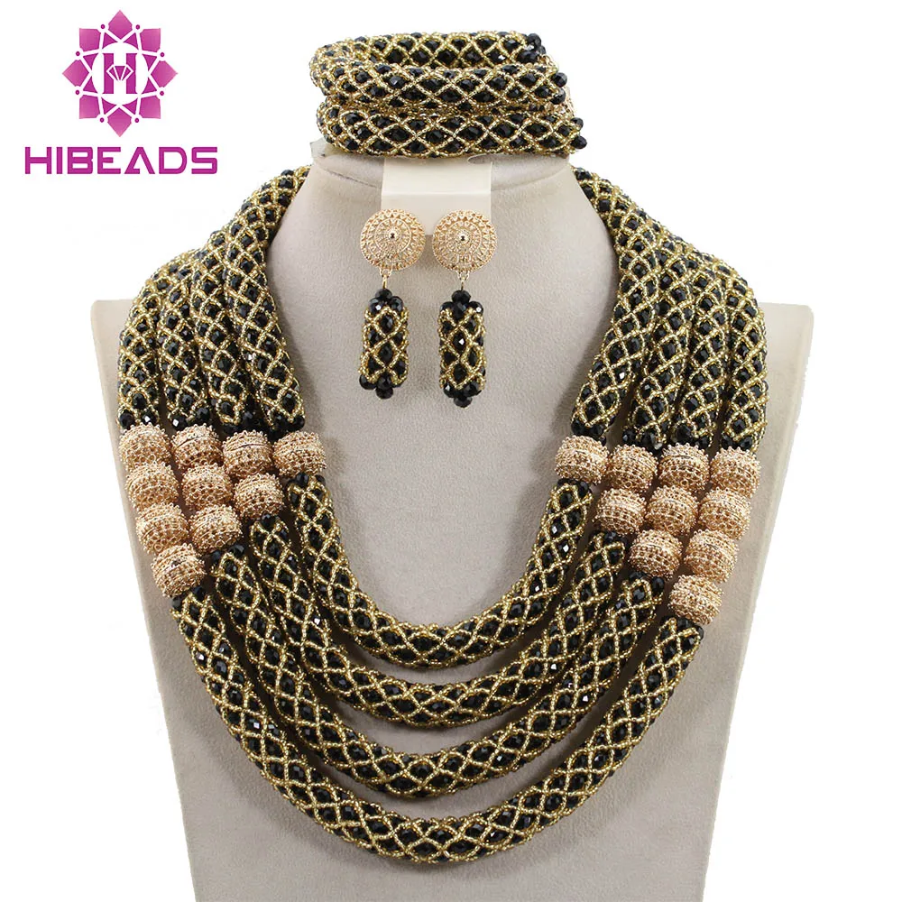 New Bridal Jewelry Fabulous Black and Gold Women Crystal Jewelry Sets African Inspired Wedding Necklace Set Free Shipping ABH267