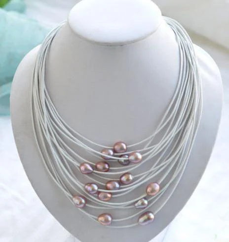 

Elegant Handmade Real Pearl Jewelry 15 Rows 20'' 13mm Lavender Rice Freshwater Pearl White Leather Necklace Magnet Clasp