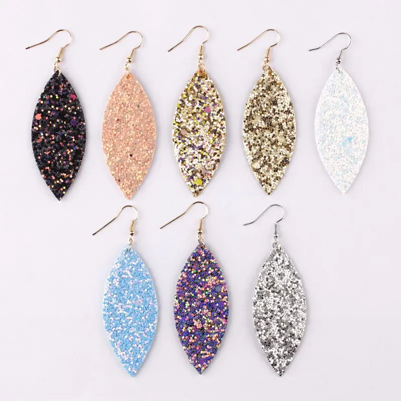 ZWPON 2019 New Spring Marquise Glitter Leather Leaf Earrings for Women Fashion Sequins Looking Various MultiColors Jewelry Long