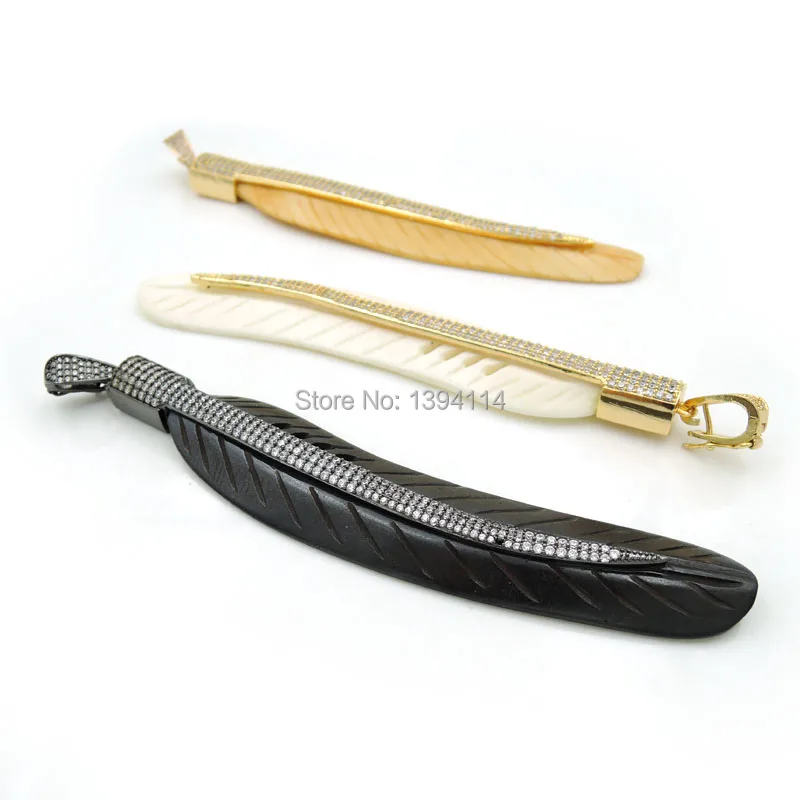 Micro Pave Clear CZ Ox Bone Carved Feather Pendant Of Gluing Brass Petiole Cap Approx 114*20*7mm