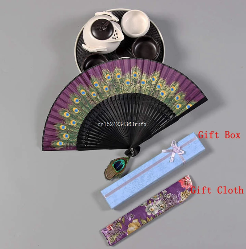 50Sets Chinese Peacock Hand Fans  Craft Wedding Fan Gift Decoration Portable Silk Folding Hand Fan Traditional Wedding Gift