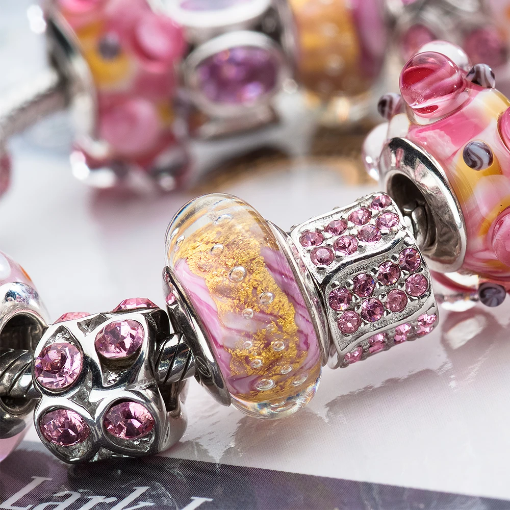 ATHENAIE Genuine Murano Glass 925 Sterling Silver Core Gold Foil Charms Beads Fit All European Bracelets Color Pink forValentine