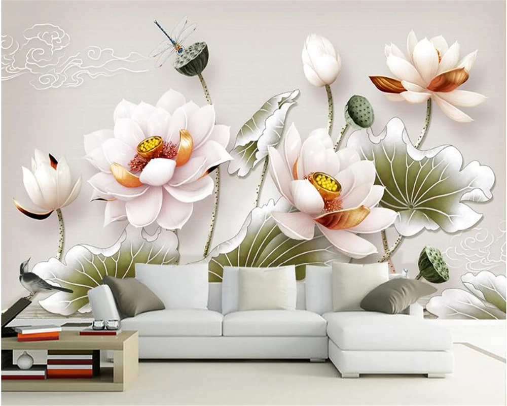 

beibehang Classic Premium papel de parede Wallpaper 3D three-dimensional relief lotus vintage watercolor lotus leaf TV backdrop