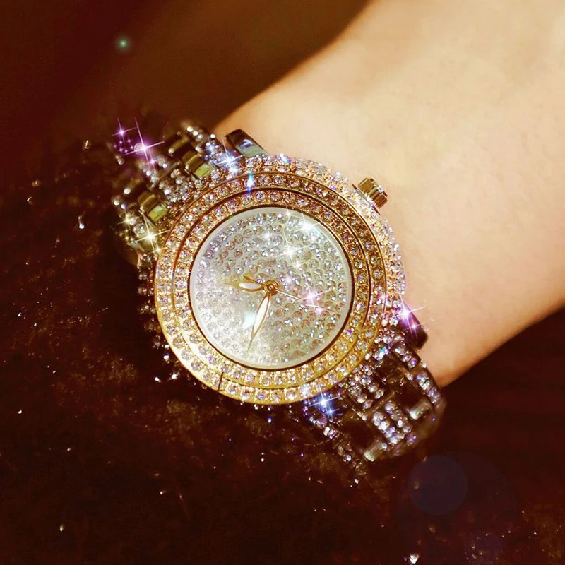 Fashion Luxury Crystal watch 43MM big dial steel Gold Quartz Watch Rhinestone Women Watches Clock female Ladies Dress Wristwatch