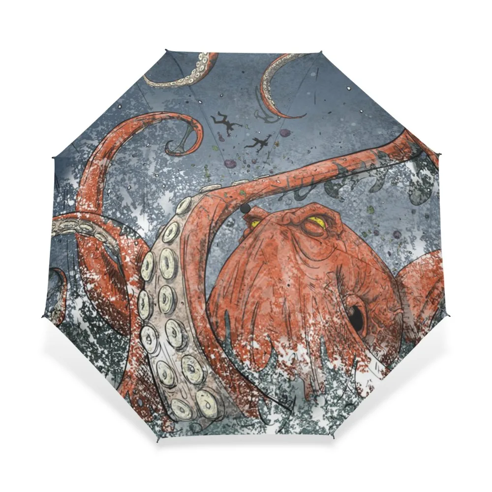 Fully Automatic Cartoon Women Umbrellas Rain Octopus 3 Folding Outdoor Animal Windproof Umbrella Rain Gear Parasol