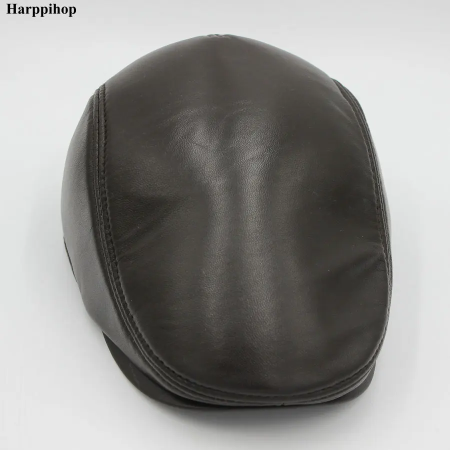 Fashion European Style Genuine Leather Caps Beret Man Casual Sheepskin leather Black/Brown Fitted Duckbill Hats Male Boina