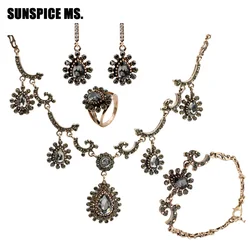 Sunspicems 2021 Morocco Ring Bracelet Earrings Necklace Jewelry Sets For Women Antique Gold Color Bohemia Crystal Bijoux Gift