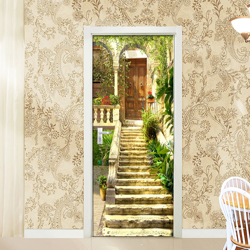 Garden Seaview 3D Mural PVC Wallpaper Door Sticker Living Room Bedroom Waterproof Door Wallpaper Home Decoration Modern Fresco