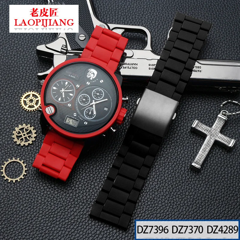 For DZ7396 DZ7370 DZ4289 DZ7070 DZ739 Watchband Black Red 24 28mm Waterproof Silicone Rubber Cover Metal Stainless Strap