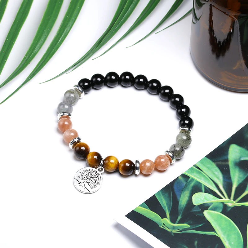 Natural Bright Black Onyx With Labradorite Beads Orange Sun stone Tiger eye Stone Bracelet Banagle Women Men Handmade Jewelry