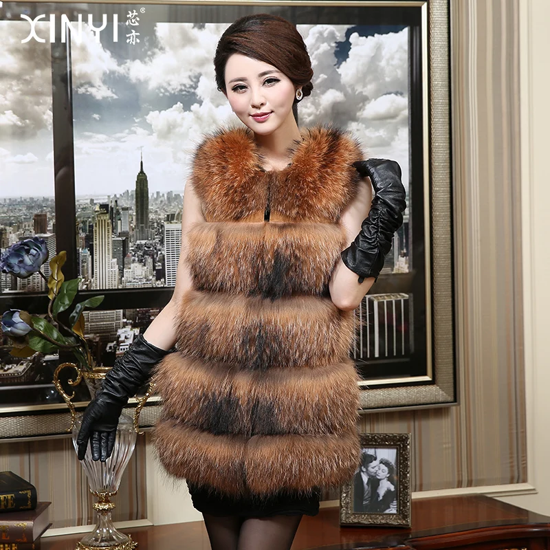 

2017 Luxury Genuine Raccoon Fur Vest Waistcoat Winter Women Fur Medium-long Outerwear Coats Lady Gilet 0731