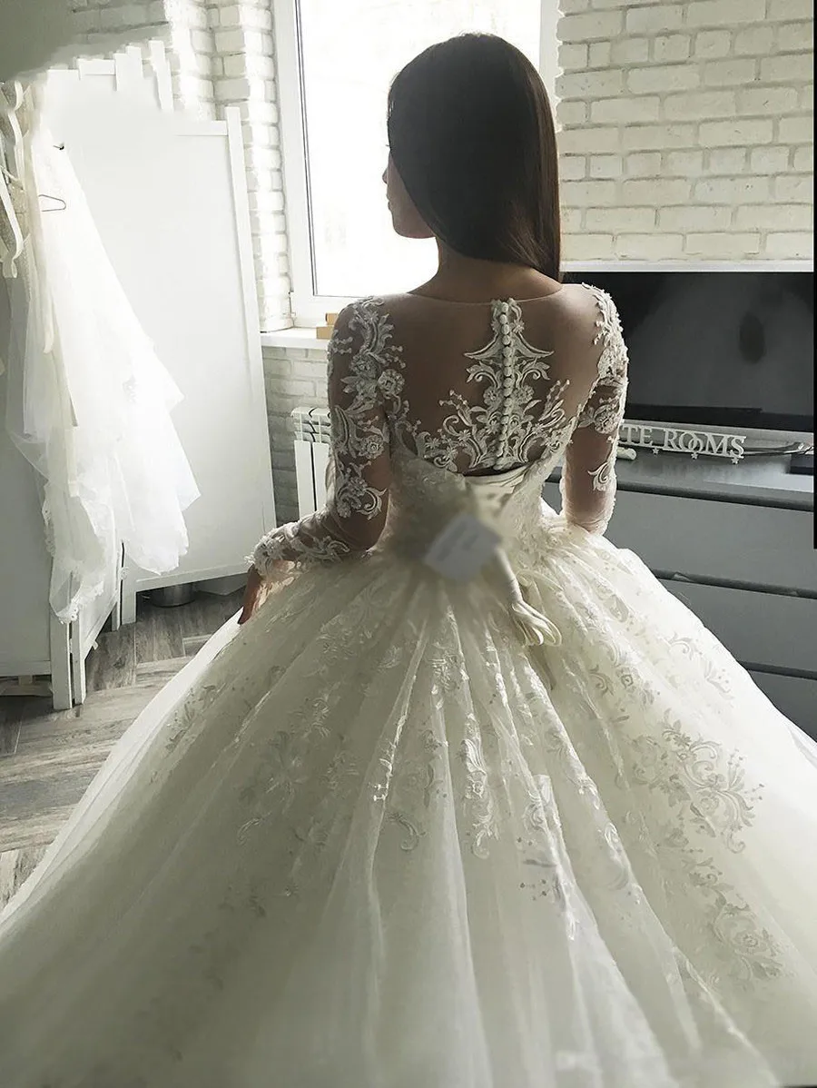 Mới Gorgesous Tay Dài Bầu Ren Áo Cưới Sang Trọng Mùa Hè 2020 Áo Dài Cô Dâu Đầm Vestido De Noiva Áo Dây De mariee