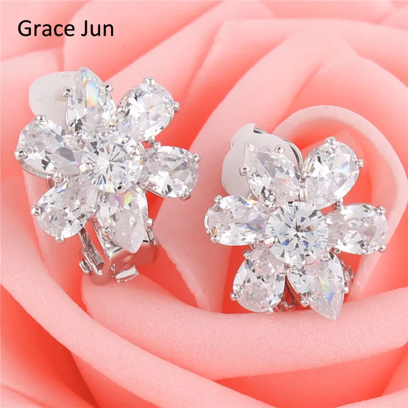 Grace Jun(TM) New Fashion AAA Cubic Zirconia Waterdrop Clip on Earrings Without Piercing for Women Party Charm No Hole Ear Clip