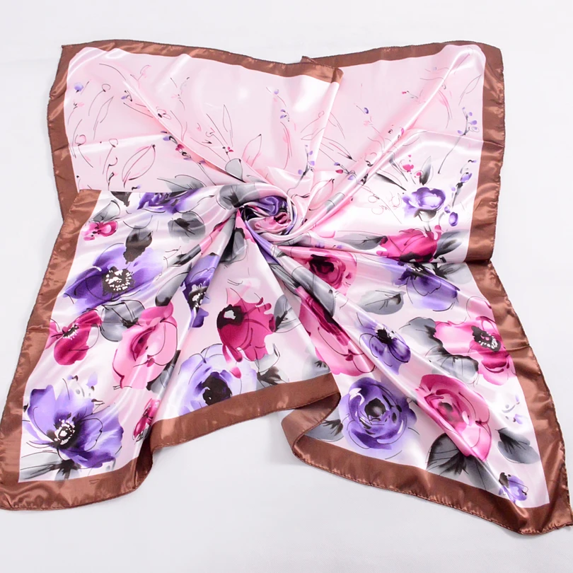 [BYSIFA] Ladies Sweet Pink Purple Square Scarves Autumn Winter Satin Scarves Muslim Headscarves 90*90cm Crepe Satin Silk Scarf