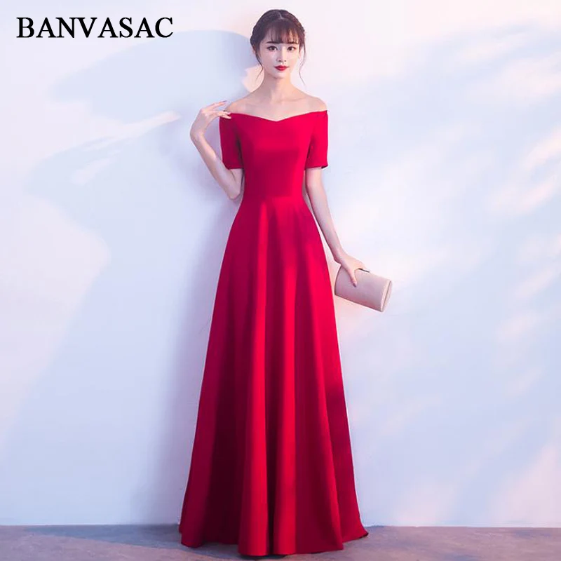 

BANVASAC V Neck 2018 Satin Short Sleeve A Line Long Evening Dresses Off The Shoulder Draped Zipper Back Party Prom Gowns