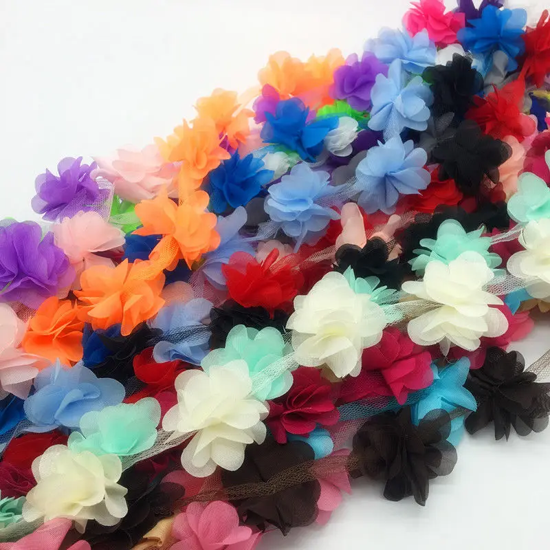 1 YD Multicolor Flowers 3D Petals Chiffon Leaves Trim Wedding Dress Bridal Lace Fabric Doll Children\'s Clothing Applique Sewing