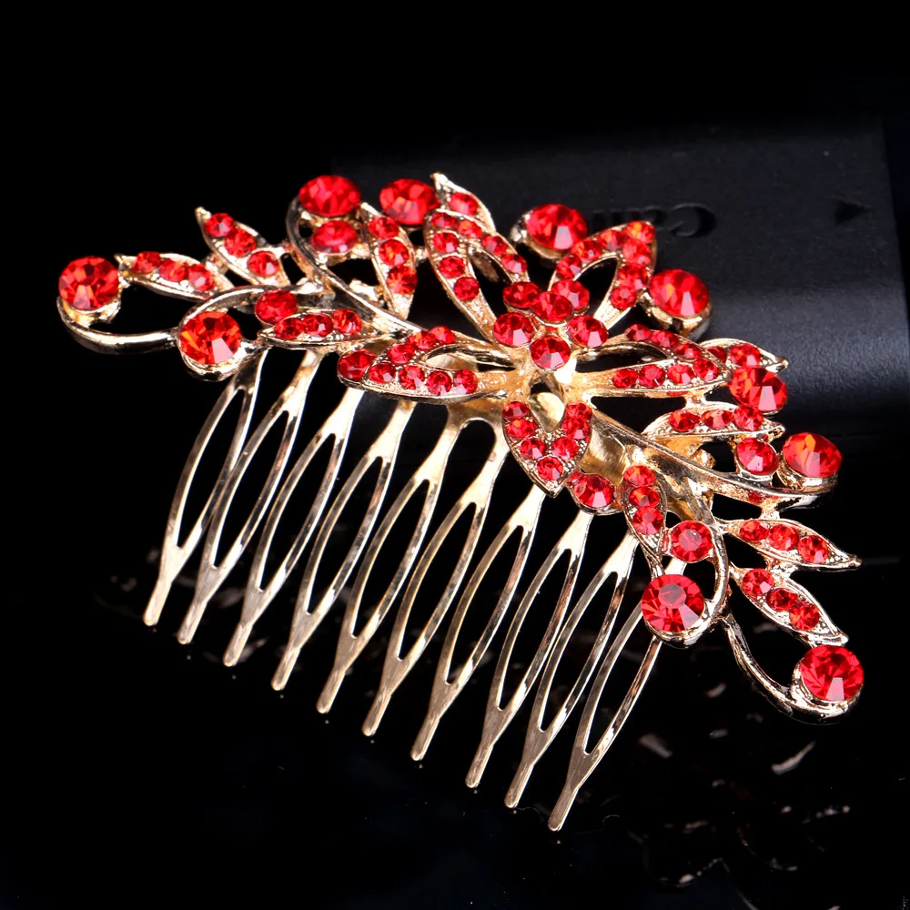 BLIJERY Gold Color Crystal Wedding Hair Combs Red Rhinestone Floral Bridal Hair Accessories Party Show Tiaras Women Hair Jewelry