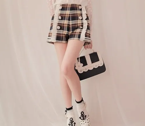 Princess sweet lolita Bobon21 shorts student navy style high sweet patchwork zipper fly shorts with bow and button lace TS01