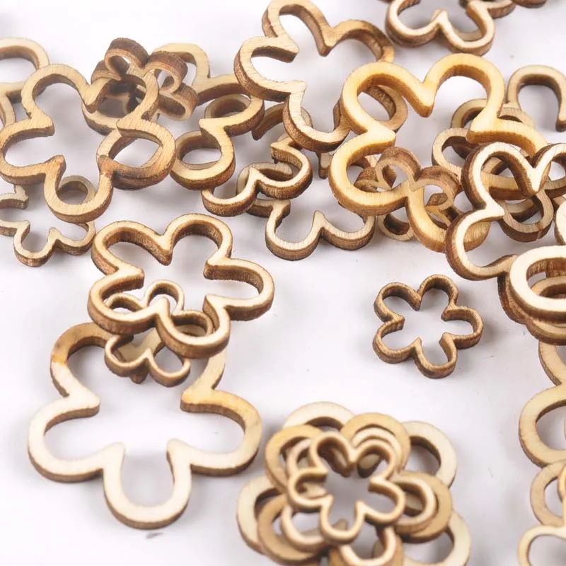 50pcs 15-30mm Hollow Flower Shape Wood For Scrapbooking Handmade DIY Carfts Wooden Embellishment Home Decor Orname m2179