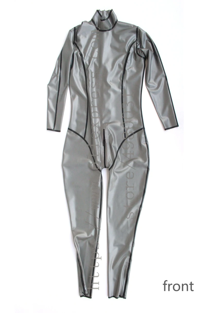 Unisex catsuit metallic silber latex zentai mit brust und füße versteckte reißverschlüsse und zurück zip zu bauch mit schwarz trim farben