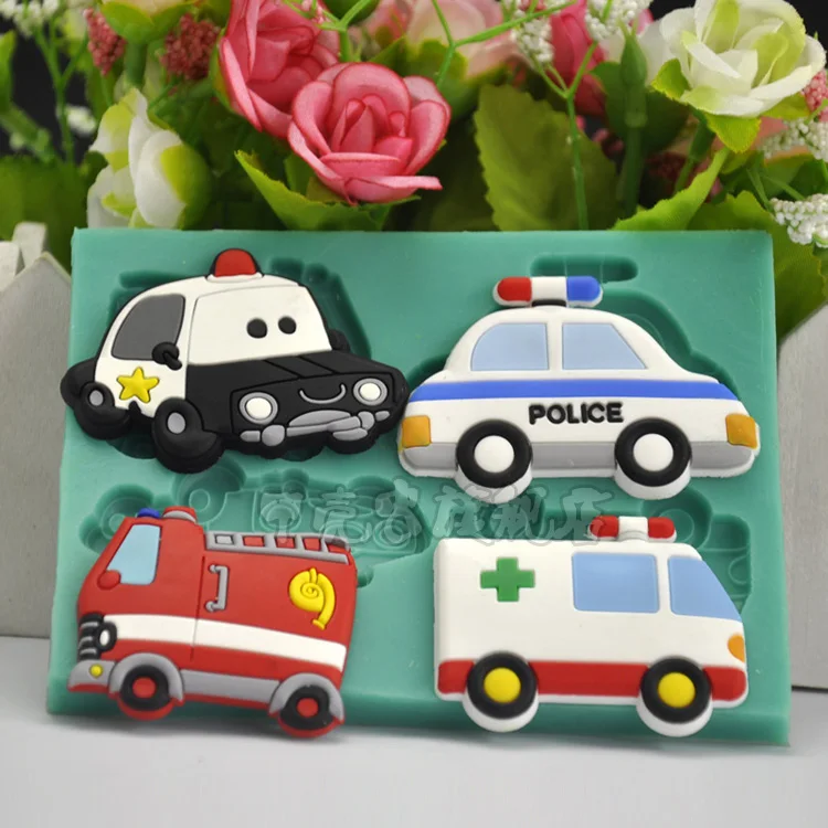 3pcs silicone mold taxi/school/police/ambulance/Fire Engineering Bus shape fondant cake chocolate mold resin clay craft mat