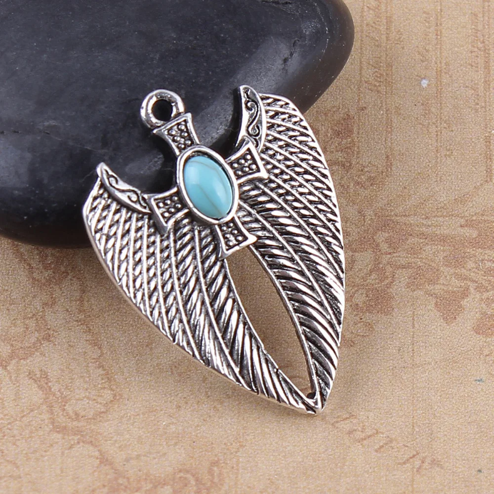 DoreenBeads Zinc Based Alloy silver color DIY Pendants Wing Blue Cross Imitation Components 32mm(1 2/8