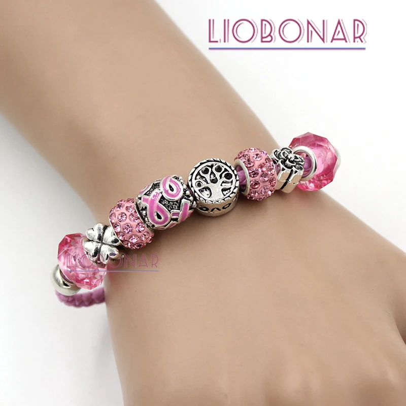 1PC New Arrival Pink Leather Family Tree Pink Ribbon Breast Cancer Awareness Bracelets Jewelry Gift for Cancer Center Foundation