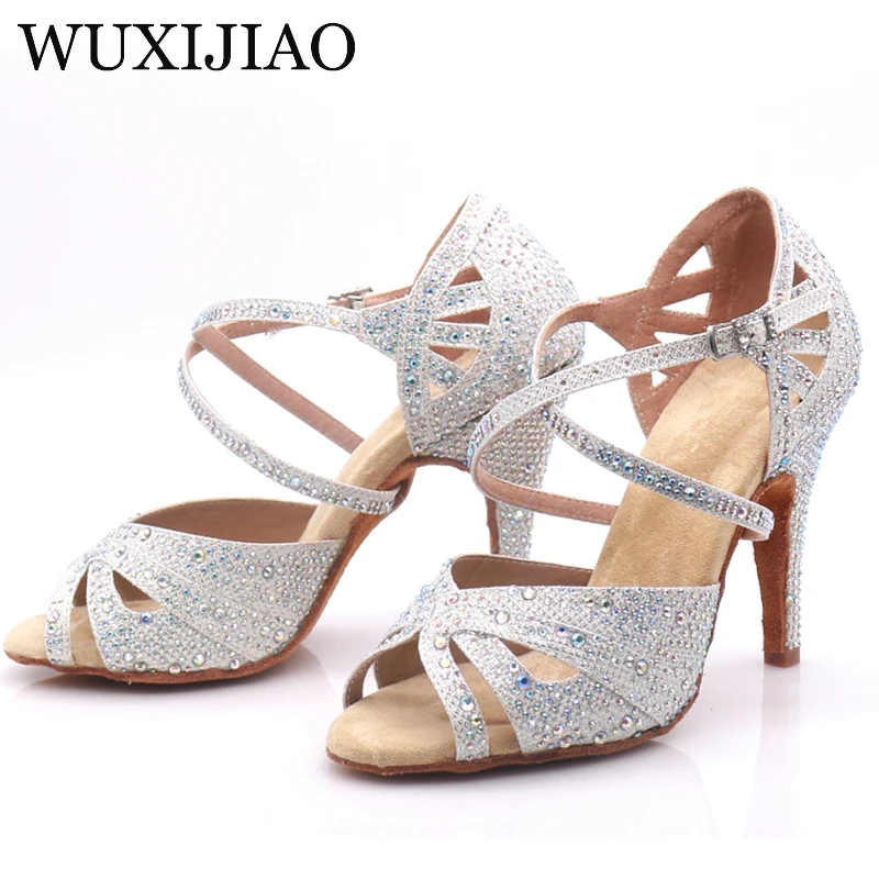 WUXIJIAO hot Black and white flash cloth Women\'s Latin dance shoes Ballroom dance shoes Party Square dance shoes soft heel 7.5cm