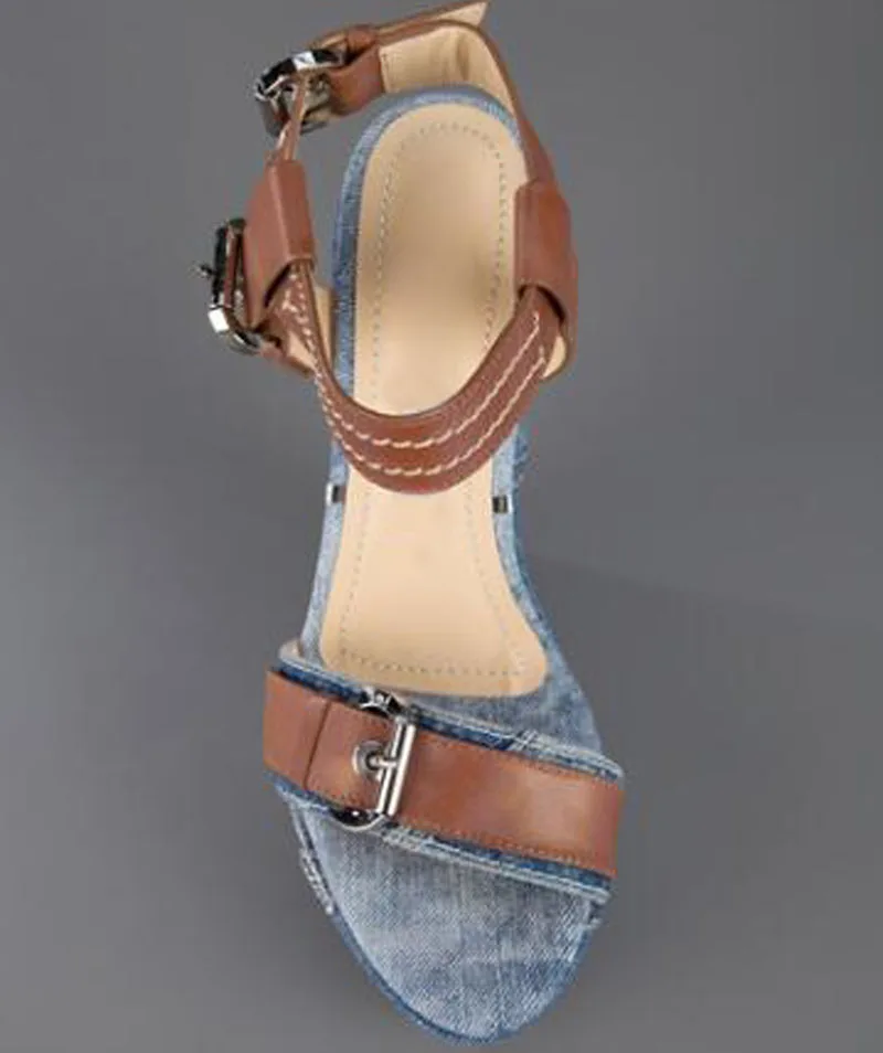 Summer Glitter Crystal Side Wedges High Heel Sandals Women Blue Denim Sandals Brown Leather Patched Buckles Ladies Shoes