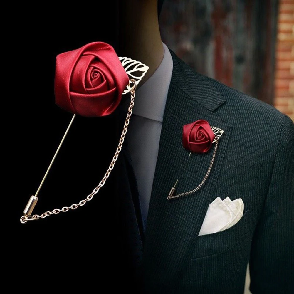 Men's Suit Rose Flower Brooches Pins Canvas Fabric Ribbon Tie 9Colors Brooch for Women And Men Clothing Dress Accessories