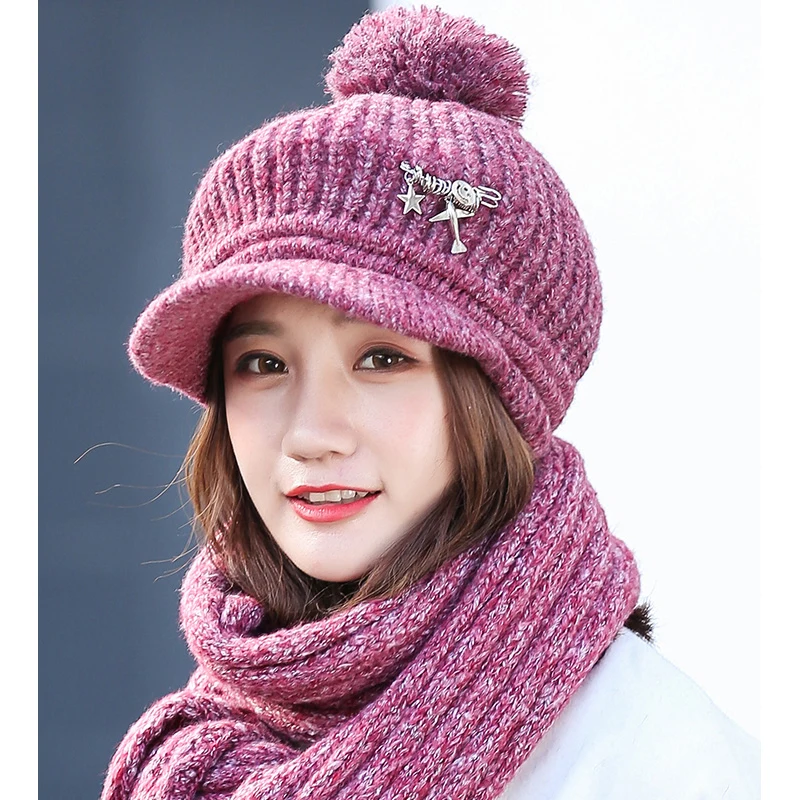 Kangemo Winter Women Keep Warm Cap Scarf Fashion Outdoor Thermal Female Twinset Thick Wool Knit Cap Scarf Twinset