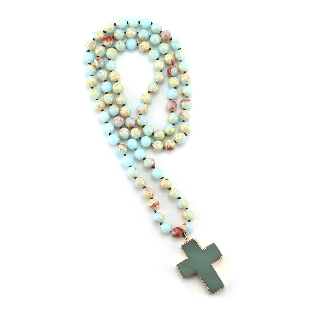 Fashion Bohemian Tribal Jewelry Natural Stones Beads Knotted Stone Jesus Cross Pendant Girl Necklaces Women Ethnic Necklace