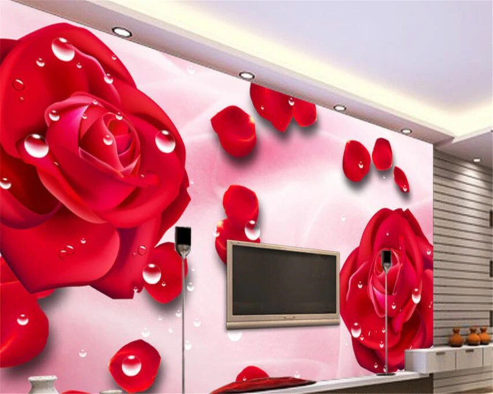 Custom Modern Wedding Background 3D Wallpaper Water Drop Red Rose Petal TV Background Wall 3d wallpaper wall sticker beibehang