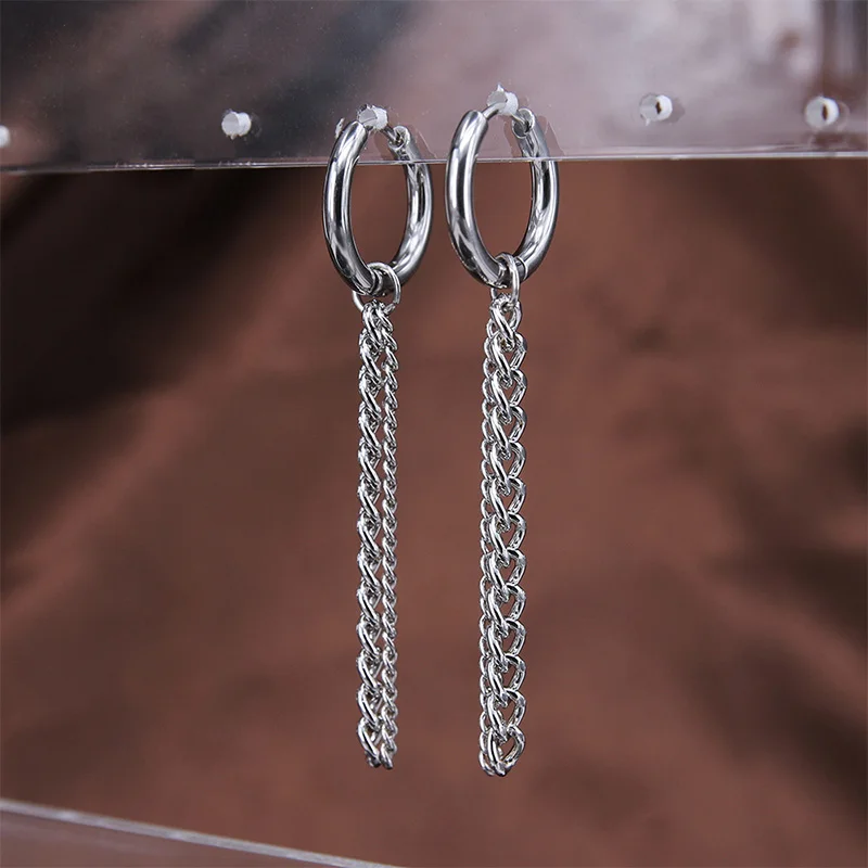 New Stainless steel Short Stick Long Chain Tassel Earring Punk Men Women Piercing Asymmetry Earrings Hip hop Street Pop Jewelry