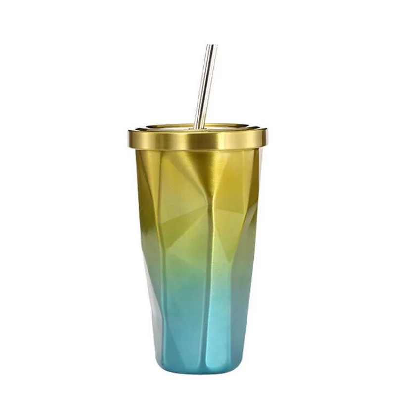 Stainless steel bright straw cup diamond shape double layer insulation cup gradient ribbon straw car cup mug