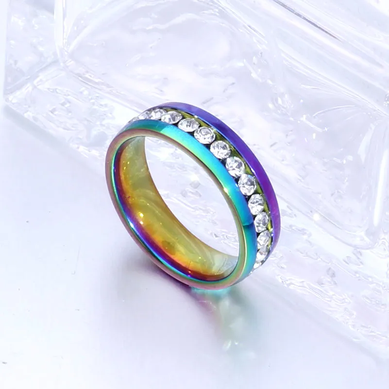 Classic Men Women Rainbow Colorful Crystal CZ Ring 316 Titanium Steel Wedding Band Ring Width 4mm Size 5-13 Gift