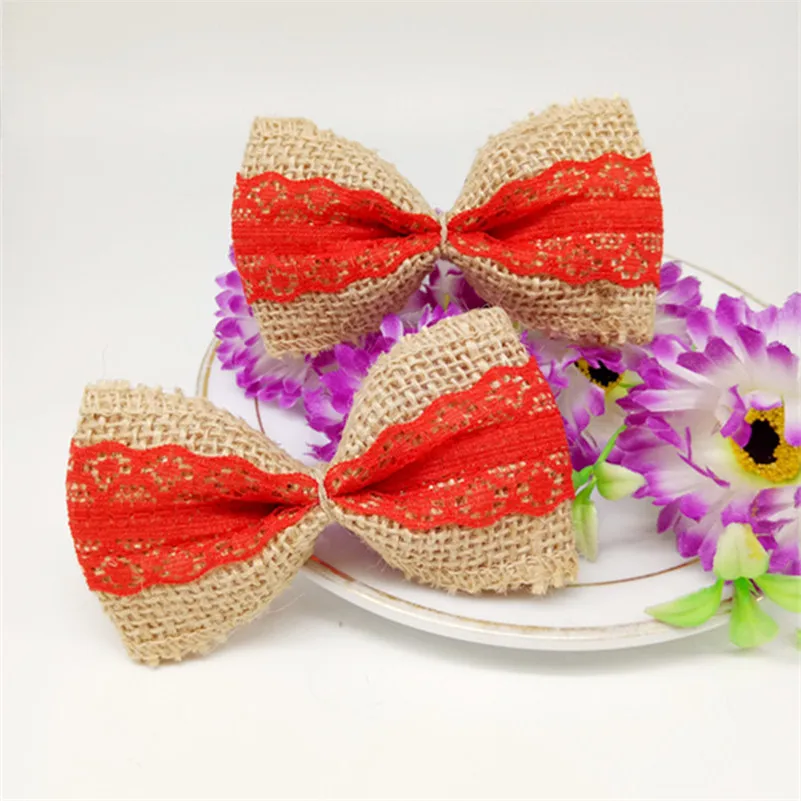 10pcs Jute Burlap Hessian Ribbon Bowknot Vintage Wedding Decoration lace jute Scrapbooking lace Hair Bow Hat Accessorie Craft